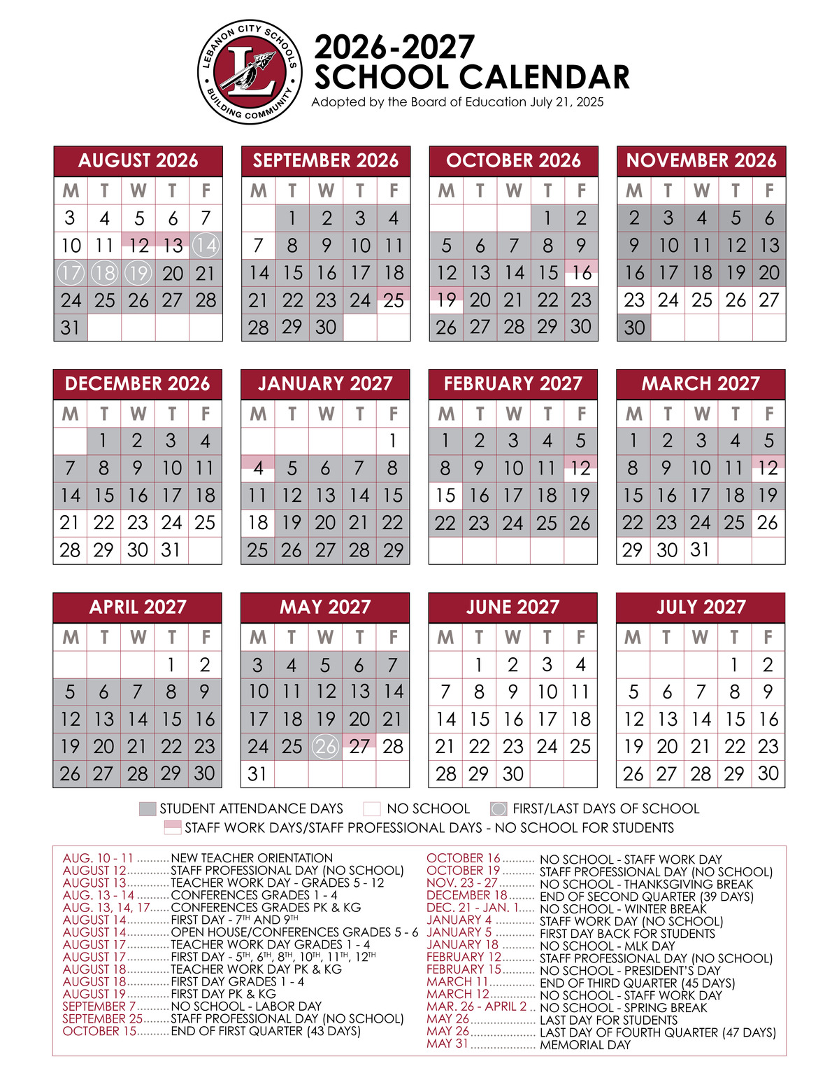 District Calendars District Calendar Lebanon City Schools